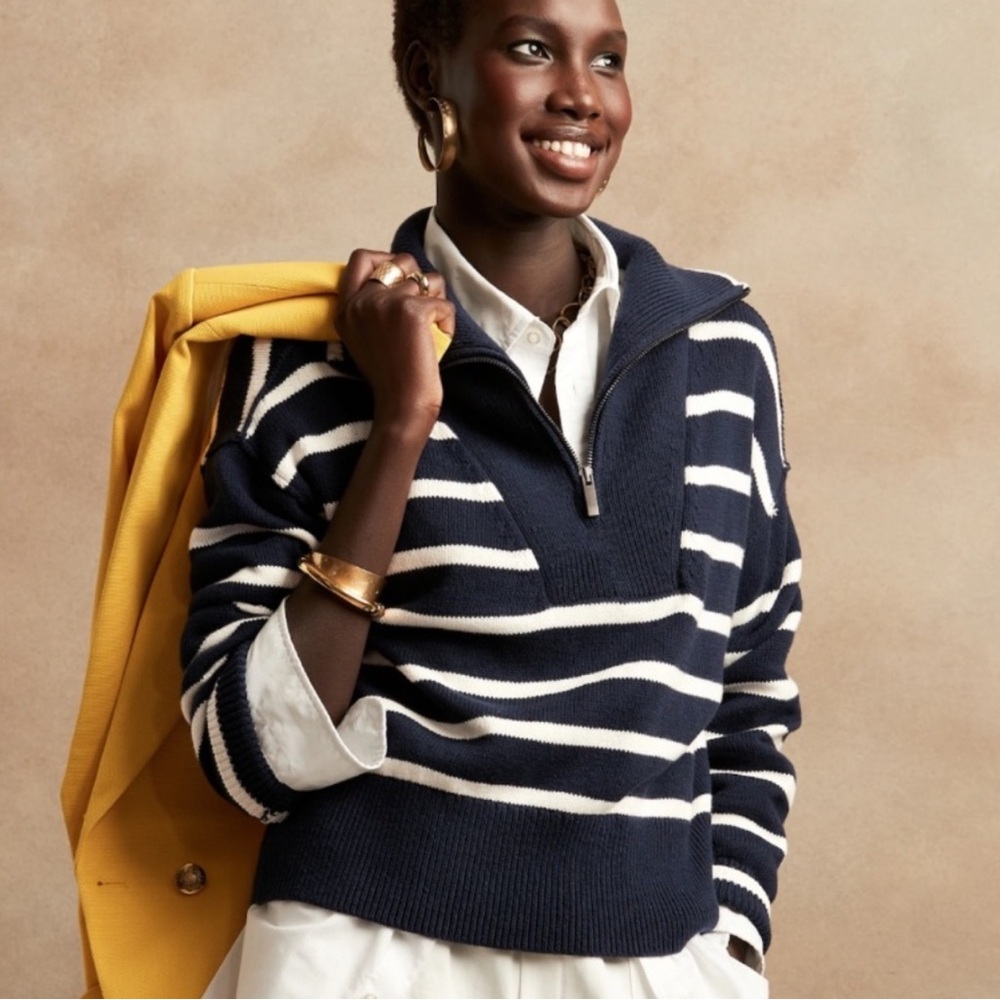 NWT BANANA REPUBLIC ORGANIC COTTON HALF ZIP SWEATER W STAND COLLAR RELAXED FIT